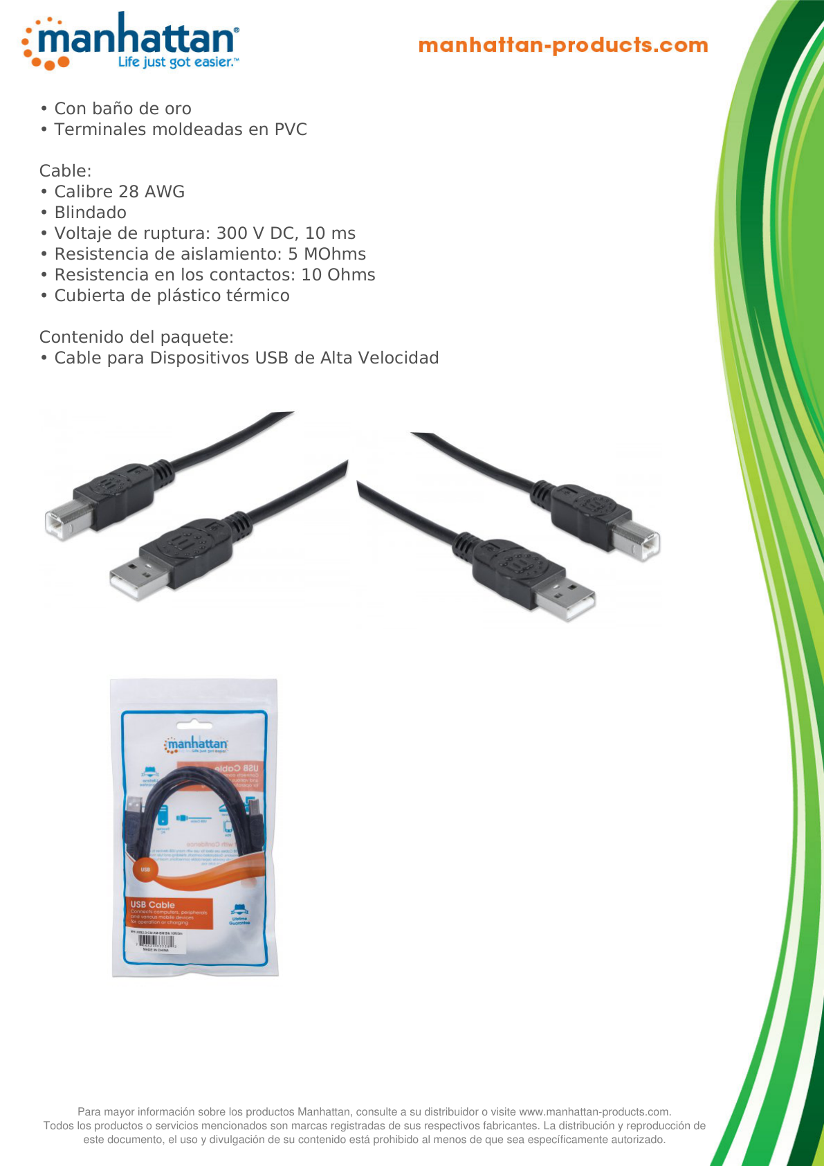 CABLE MANHATTAN PARA IMPRESORA USB A-B 3M NEGRO