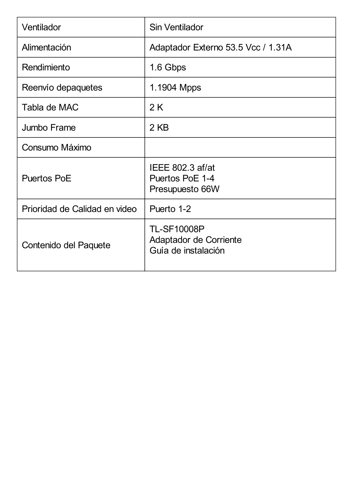 Switch PoE+ No Administrable / De Escritorio 8 puertos 10/100 Mbps / 4 puertos PoE af/at Inteligente / Presupuesto 66 W / Hasta 250 metros