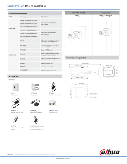 Camara Dahua DH-HAC-HFW2802E-A-0360B bullet starlight 4 k 8 mpx lente 3.6 mm 0.005 lux color 40 m IP67