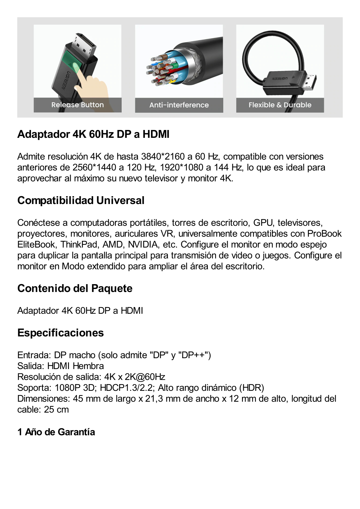 Convertidor DisplayPort a HDMI 4K@60Hz | 3D | HDR | Blindaje interno |  Boton Liberador  | Largo 25cm | Carcasa de ABS | Plug & Play.