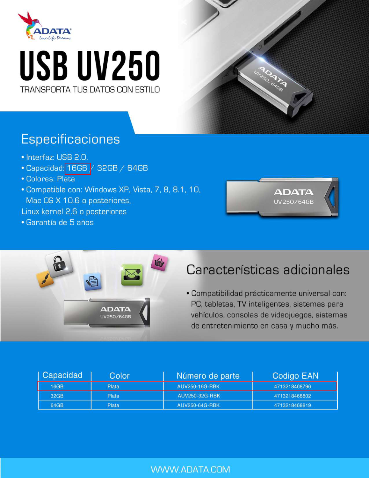 MEMORIA ADATA 16GB USB 2.0 PLATA METALICA AUV250-16G-RBK