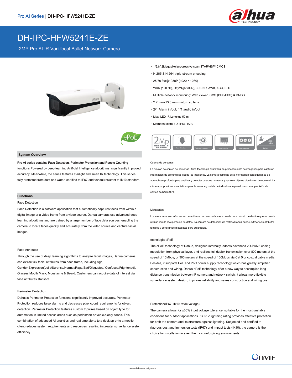 Camara Dahua DH-IPC-HFW5241E-ZE IP bullet 2 mp lente 2.7 mm IR 60 m plastico exterior wisense audio deteccion facial proteccion perimetral conteo de personas starlight PoE IP67