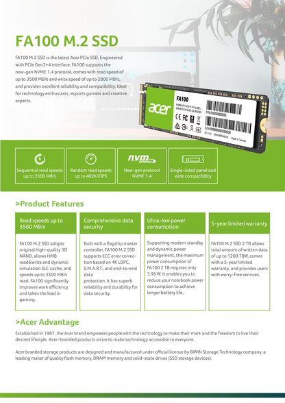 SSD M.2 2280 NVME 1TB Acer FA100 PCI 3.0 BL.9BWWA.120