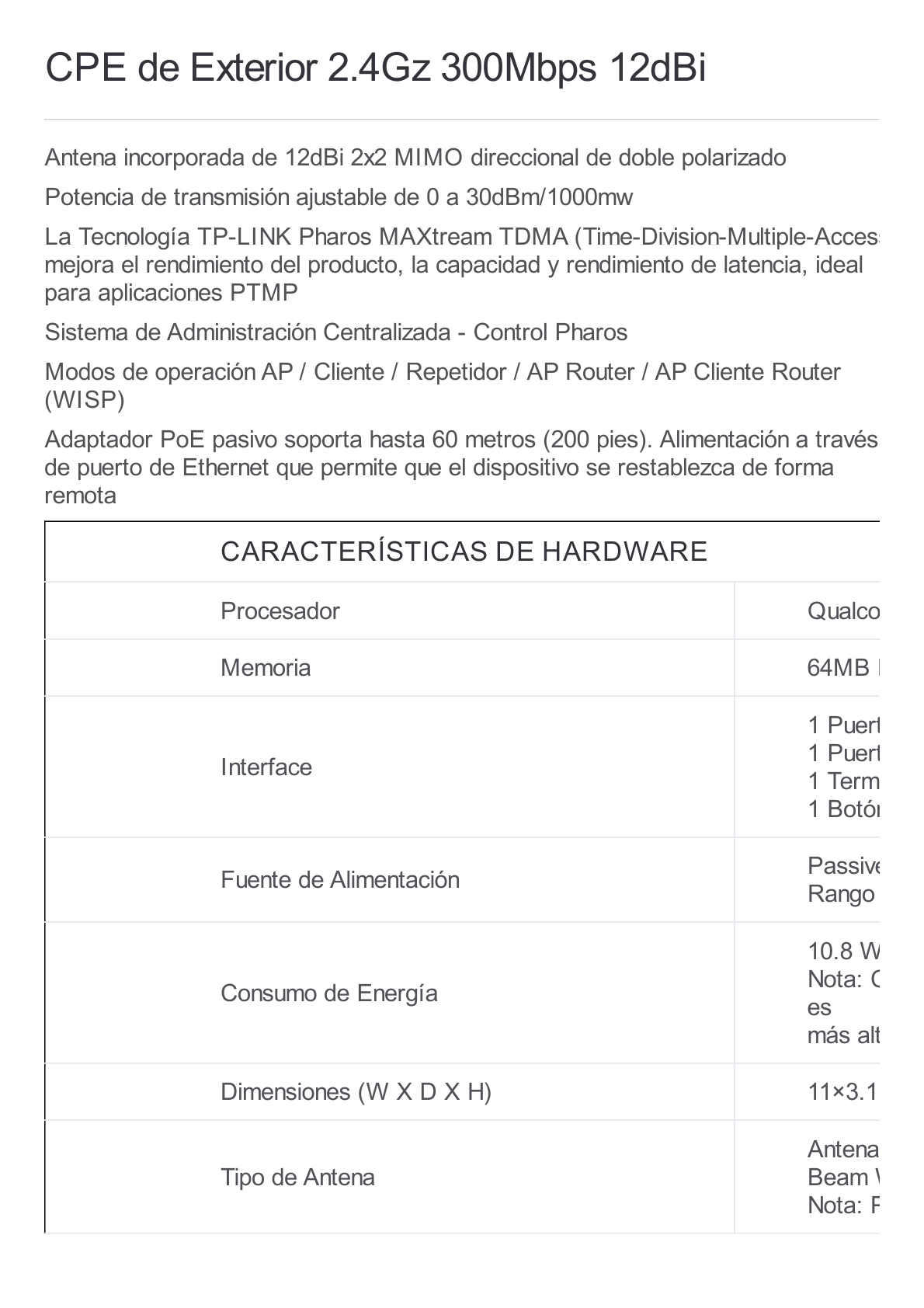 Punto de Acceso WI-Fi  N 300Mbps en 2.4GHz, 2 antenas integradas de 12dBi, MIMO 2X2.