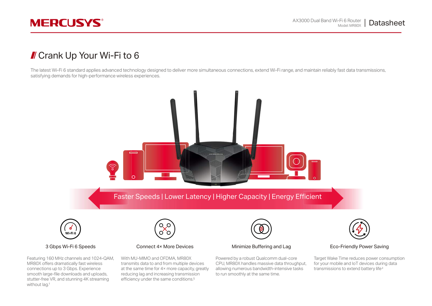 Router Wi-Fi 6 Mercusys MR80X AX3000 MU-MIMO OFDMA 1x RJ45 WAN y 3x RJ45 LAN gigabit 4 antenas 5dBi modo AP SmartConnect