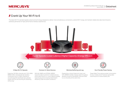 Router Wi-Fi 6 Mercusys MR80X AX3000 MU-MIMO OFDMA 1x RJ45 WAN y 3x RJ45 LAN gigabit 4 antenas 5dBi modo AP SmartConnect