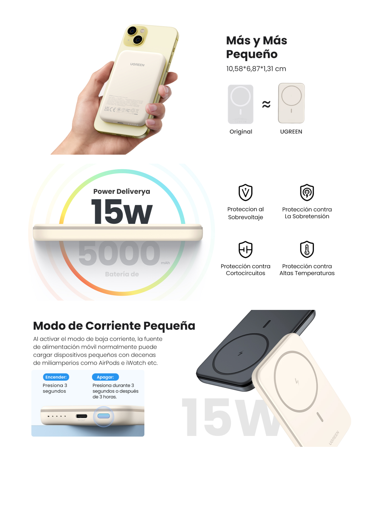 Power Bank MagSafe de 5000mAh | 15W | Carga Inalámbrica y por Cable USB-C | Sistema de Protección Inteligente | Tecnología de Carga Rápida | Ultra Delgado | Ultra ligero | Compatible con iPhone 15/14/13/12 | Color Beige.