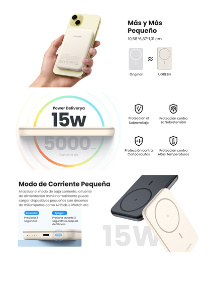 Power Bank MagSafe de 5000mAh | 15W | Carga Inalámbrica y por Cable USB-C | Sistema de Protección Inteligente | Tecnología de Carga Rápida | Ultra Delgado | Ultra ligero | Compatible con iPhone 15/14/13/12 | Color Beige.