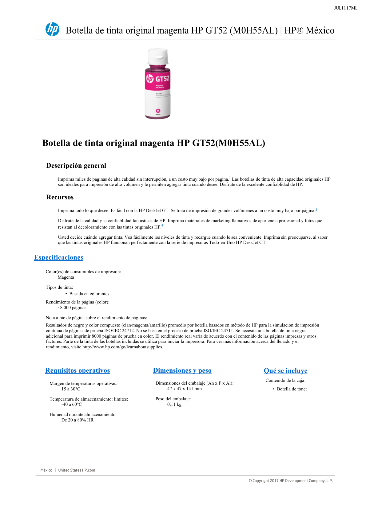 TINTA HP BOTE GT52 M0H55AL MAGENTA DESKJET GT5820/GT5810 70ML (8 000 PAG)