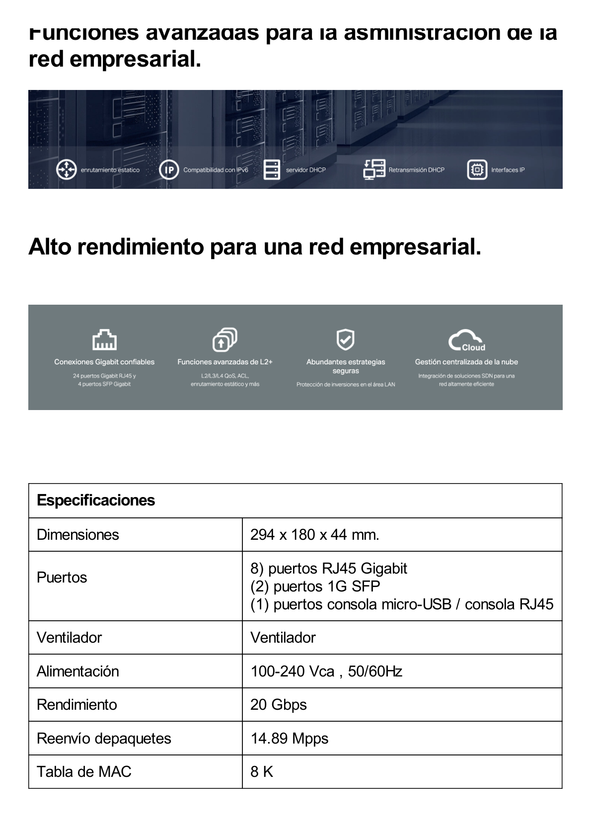 Switch JetStream SDN Administrable 8 puertos 10/100/1000 Mbps + 2 puertos SFP, administración centralizada OMADA SDN