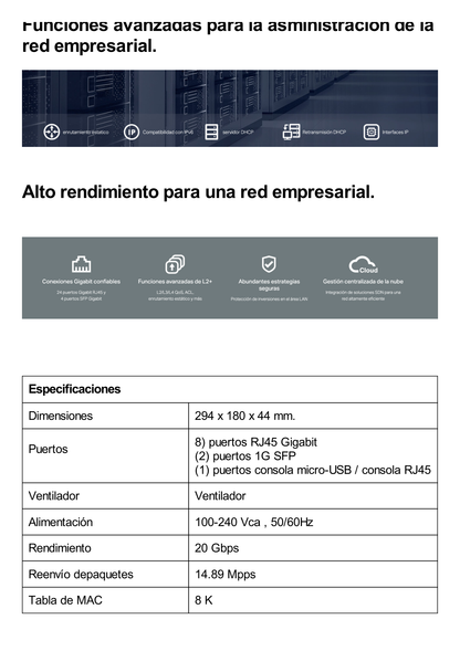 Switch JetStream SDN Administrable 8 puertos 10/100/1000 Mbps + 2 puertos SFP, administración centralizada OMADA SDN