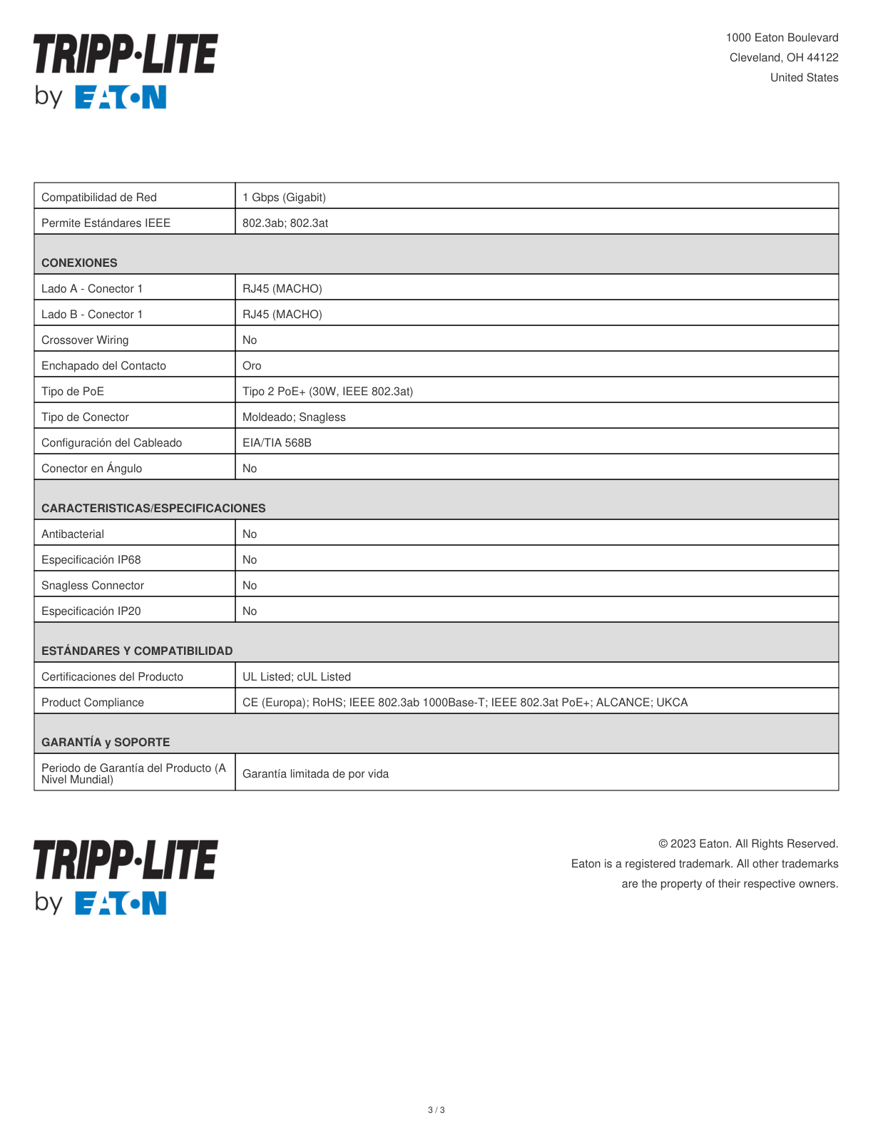 Cable patch UTP TrippLite N001-005-BL CAT 5E azul 1.52 m (3 pies) gigabit PoE RJ45 M/M Moldeado Snagless