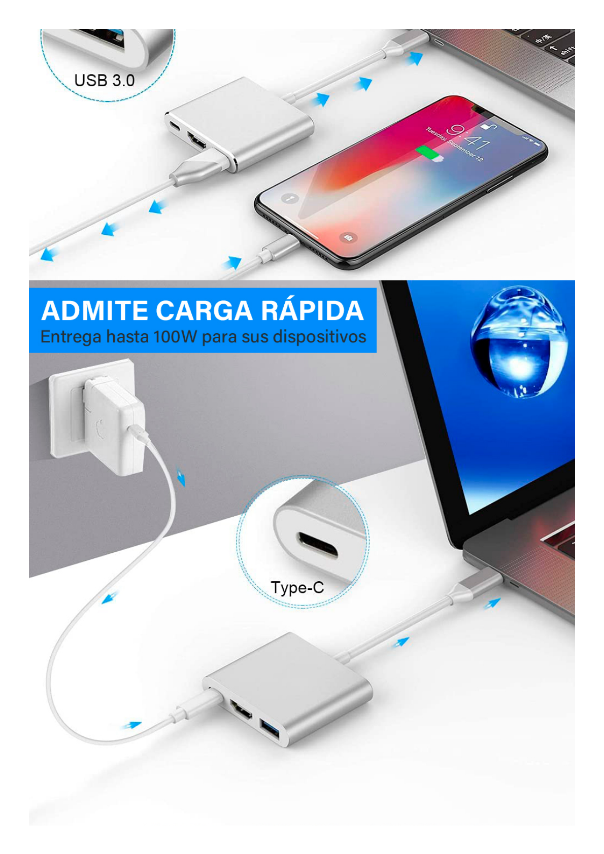 Adaptador Multipuerto USB-C 3.1 A HDMI 4K / USB 3.0 / USB – C /  Alta Velocidad de Transmisión de Datos / Admite Carga Rápida (PD) en el Puerto USB – C