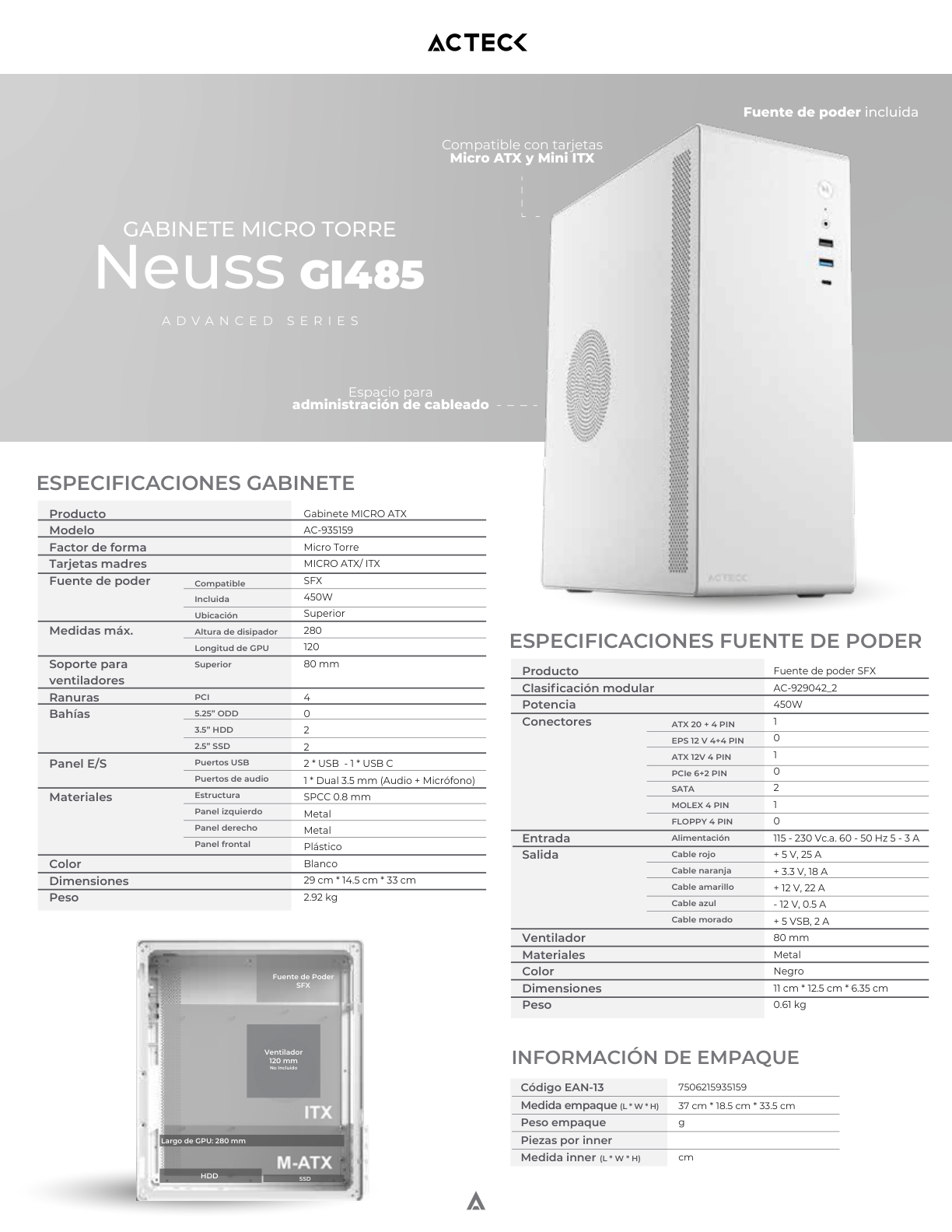 Gabinete Acteck Neuss Micro Torre GS485 Blanco AC-935159