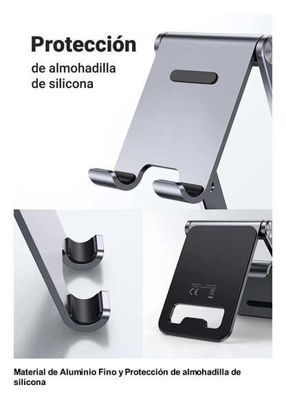 Soporte para Teléfono Celular de Aluminio / Angulo Ajustable / Amplia Compatibilidad con dispositivos de 4.7'' a 7.9'' / Antideslizante / Antiarañazos / Plegable / Color Gris