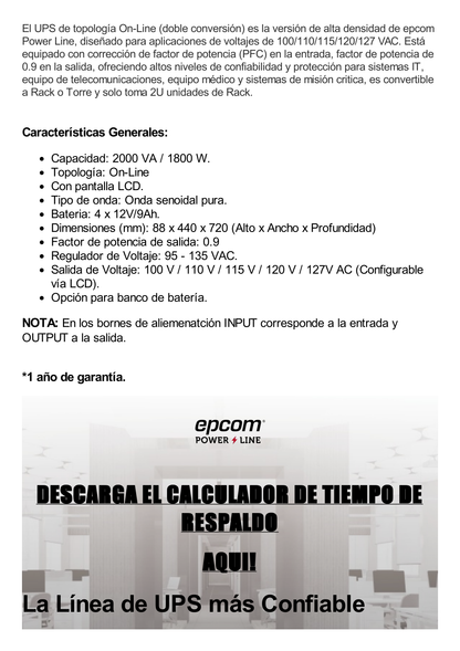 UPS de 2000VA/1800W / Topología On-Line Doble Conversión / Entrada y Salida de 120 Vca / Clavija de Entrada NEMA 5-20P / Pantalla LCD Configurable / Formato Rack/Torre