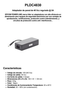 Adaptador de voltaje de 48 Vcc @ 3 A; 144 W