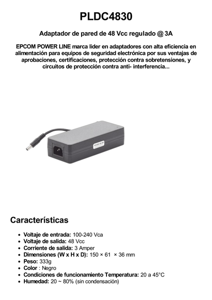 Adaptador de voltaje de 48 Vcc @ 3 A; 144 W