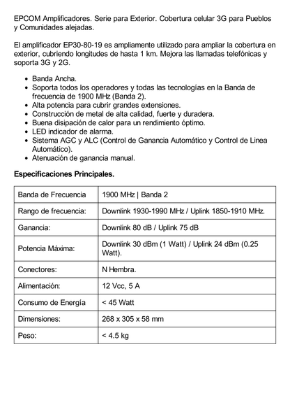 (HASTA 1 KILÓMETRO) Amplificador para Ampliar Cobertura Celular en Exterior | 1900 MHz, Banda 2 | Soporta 2G y 3G y Mejora las llamadas | 80 dB de Ganancia, 1 Watt de potencia Máxima, hasta 1 km de cobertura.