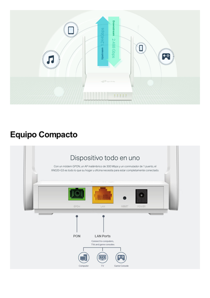 ONU/ONT - Router inalámbrico GPON 2.4 GHz N 300Mbps / 1 Puerto PON SC/APC / 1 Puerto LAN 10/100/1000 MBPS / Soporta AgiNet Config - AgiNet ACS (Herramienta de gestión remota)