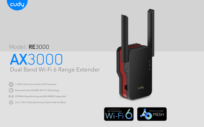 Extensor de rango inalámbrico Cudy RE3000 Wi-Fi 6 AX3000 MU-MIMO OFDMA Beamforming modo Repetidor/AP 2 antenas 1 pto RJ45 gigabit