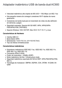 Adaptador  USB inalámbrico doble banda AC 600 Mbps