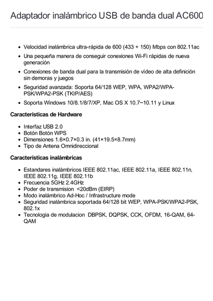 Adaptador  USB inalámbrico doble banda AC 600 Mbps