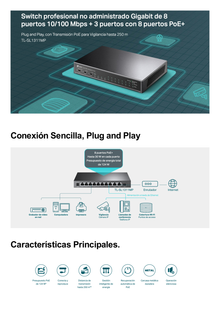 Switch PoE+ No Administrable De Escritorio 11 Puertos / 8 puertos 10/100 Mbps PoE af/at Inteligiente / Presupuesto 124 W / Hasta 250 metros