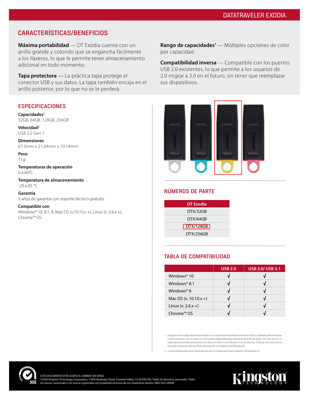 MEMORIA KINGSTON 128GB USB 3.2 NEGRO/AMARILLO GEN 1 DATATRAVEL EXODIA DTX/128GB