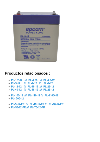 Batería 12 Vcc / 40 Ah / UL / Tecnología AGM-VRLA / Para uso en equipo electrónico Alarmas de intrusión / Incendio/ Control de acceso / Video Vigilancia / Terminales tipo M6 ( HEX ) / Cargador recomendado CHR-250.