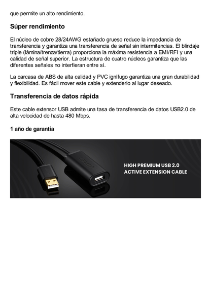 Cable de Extensión Activo USB 2.0 / 10 Metros / Macho-Hembra / Booster individual FE1.1S incorporado / Velocidad de hasta 480 Mbps / Ideal para impresoras, consolas , Webcam, etc.