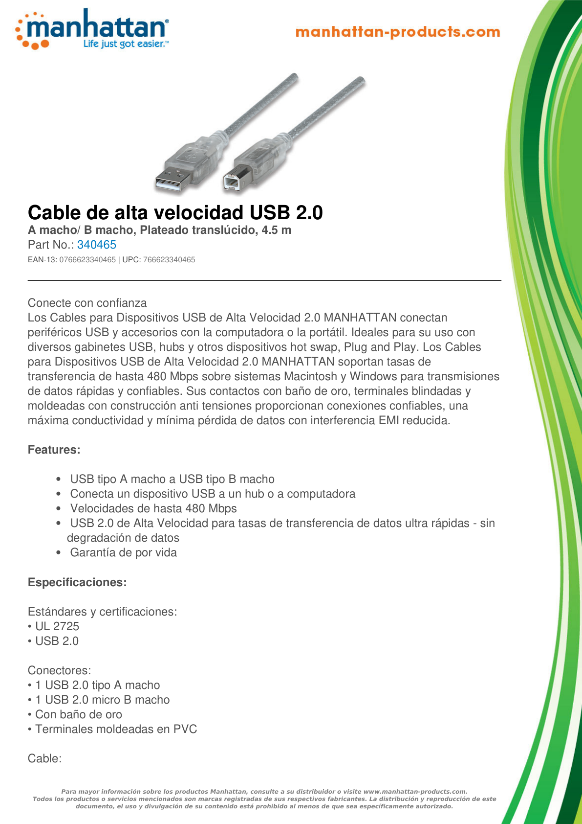 CABLE USB 2.0 A-B 4.5 MTS PLATA