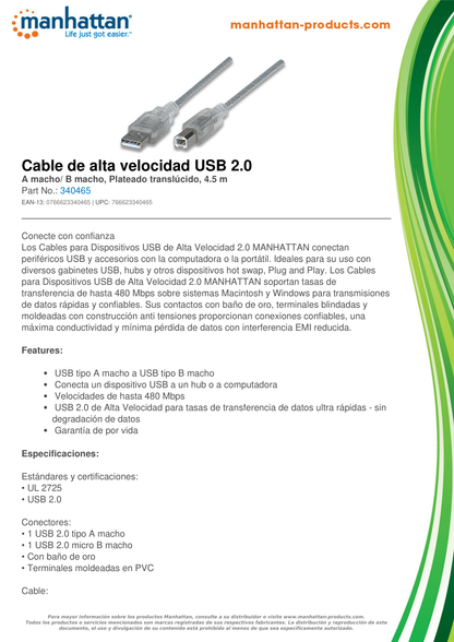 CABLE USB 2.0 A-B 4.5 MTS PLATA