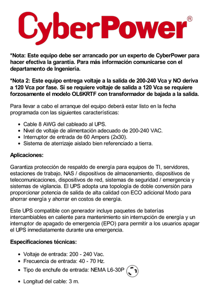 UPS de 6000 VA/5400 W, Online Doble Conversión, 200 - 240 Vac de Entrada NEMA L6-30P, Onda Senoidal Pura, Torre o Rack de 6 UR, Con 2 Tomas NEMA L6-20R y 2 NEMA L6-30R