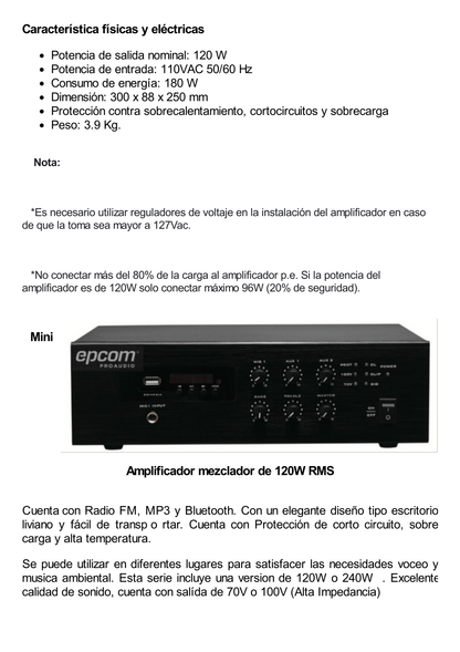 Mini Amplificador de Audio Mezclador | 120W RMS | Sistema 70/100V | MP3 | Tuner | Bluetooth | Musica ambiental y Voceo