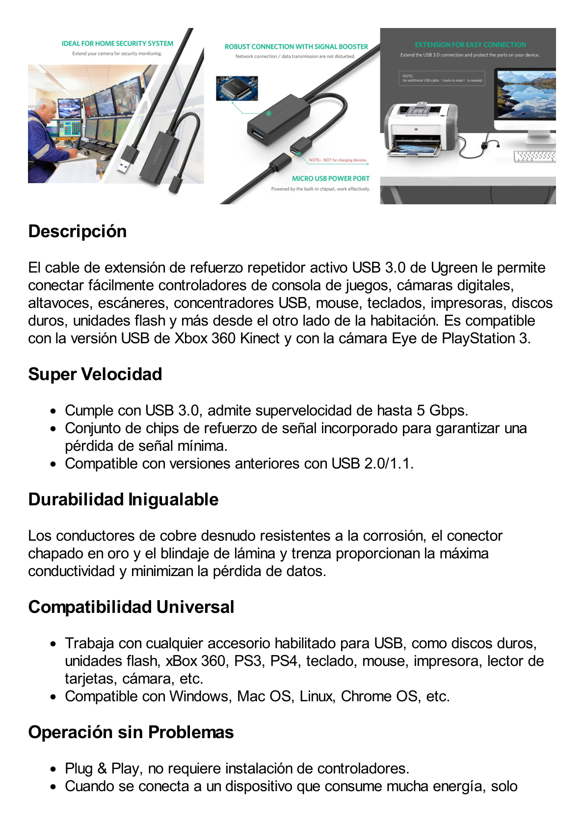 Cable de Extensión Activo USB 3.0 con puerto de alimentación Micro USB / 10 Metros / USB 3.0 a 5Gbps / No requiere controlador / Ideal para impresoras, consolas , Webcam, etc.