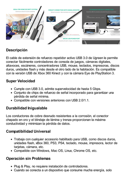 Cable de Extensión Activo USB 3.0 con puerto de alimentación Micro USB / 10 Metros / USB 3.0 a 5Gbps / No requiere controlador / Ideal para impresoras, consolas , Webcam, etc.