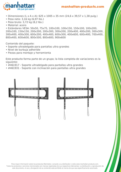 Soporte Manhattan para TV 60 a 120 pulg pared 120KG fijo ultra delgado negro plano o curvo