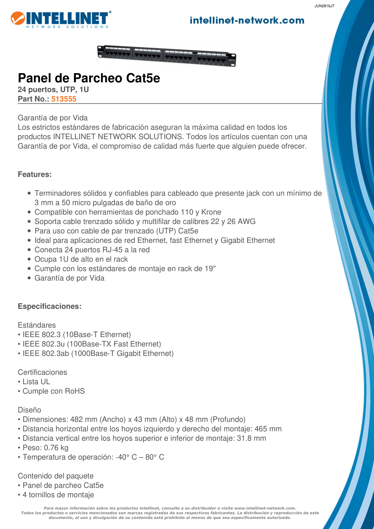 PANEL DE PARCHEO INTELLINET CAT 5E 24 PTOS 1U