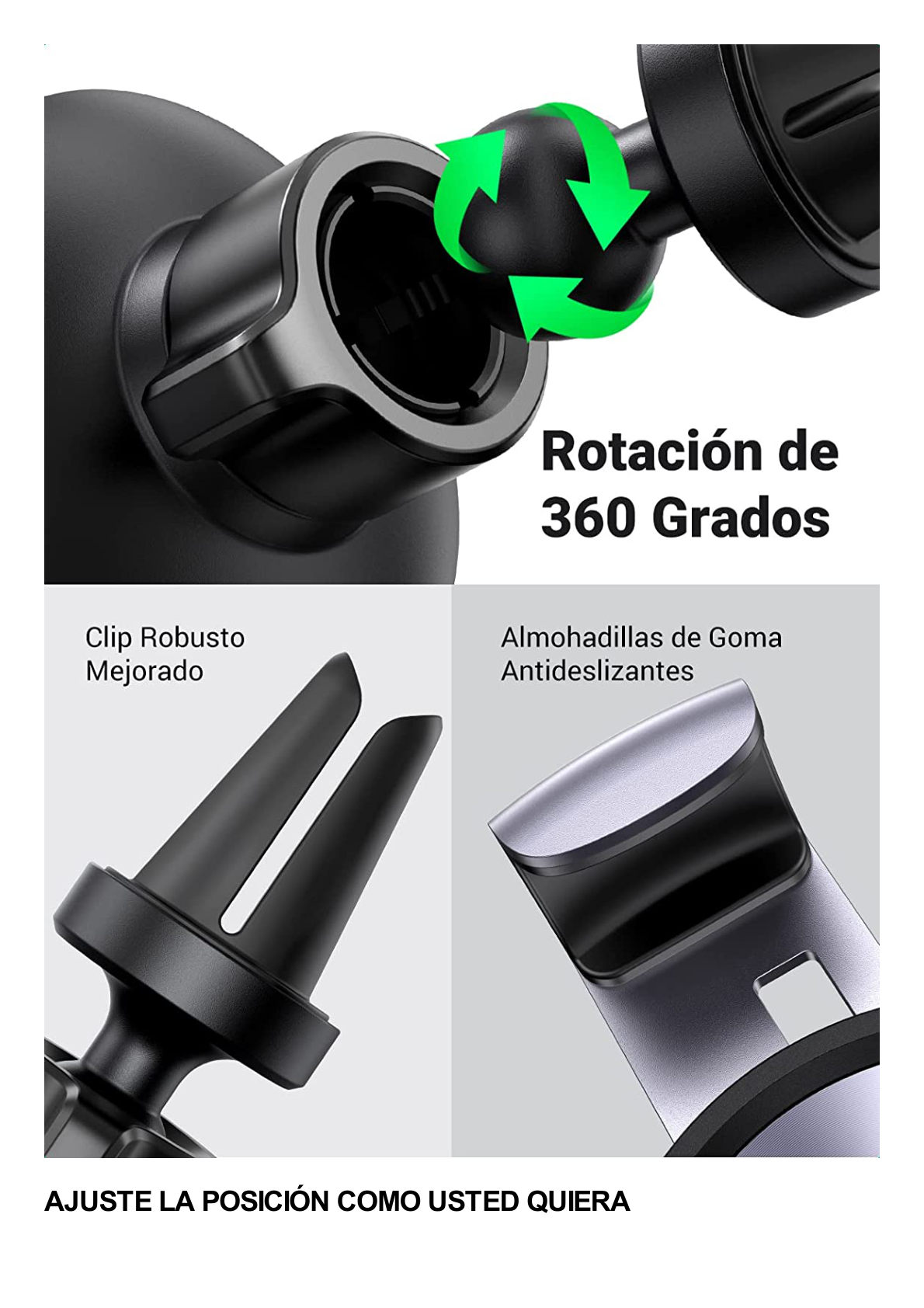 Soporte de Celular para Automóvil en Rendija de Ventilación / Sistema de Gravedad / Rotacion de 360° /Angulo Multiple / Almohadillas de Goma Antideslizantes / Amplia Compatibilidad con dispositivos de 4'' a 7'' / Color Negro