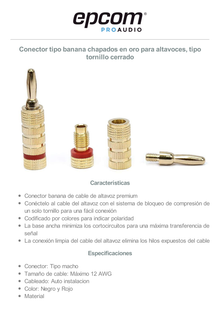 Conector Banana Tipo Tornillo para Bocinas | Instalaciones Profesionales de Audio | Chapado en Oro | Color Rojo (1 Pieza)