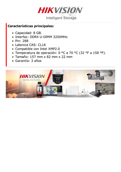 Modulo de Memoria RAM 8 GB / 3200 MHz / UDIMM / Para Equipo de Alto Procesamiento