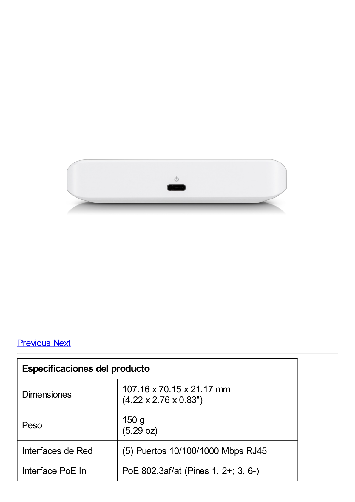 Switch UniFi Administrable Compacto de 5 Puertos 10/100/1000 Mbps, soporta entrada de PoE 802.3af/at