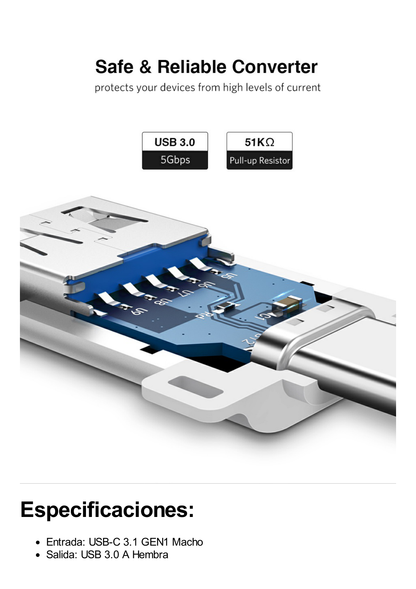 Adaptador USB-C 3.1 Macho a USB-A 3.0 Hembra Admite Función OTG