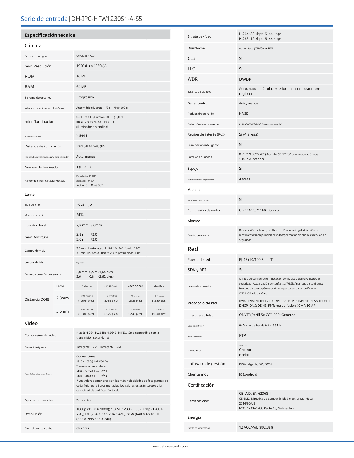 Camara Dahua DH-IPC-HFW1230S1-A-S5 ip bullet 2 mpx lente 2.8mm IR 30 m plastico microfono 102 gds apertura PoE IP67