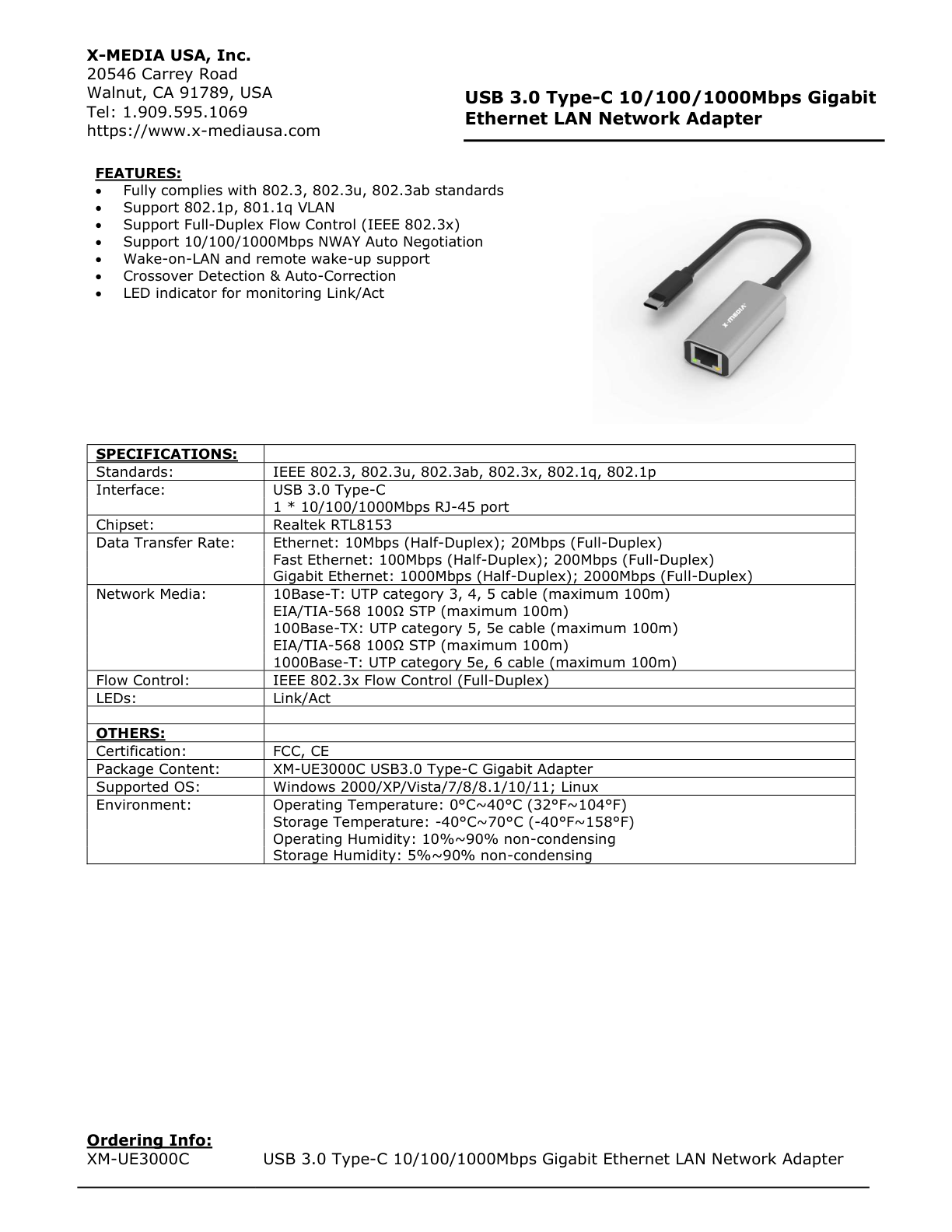 Adaptador X-Media  XM-UE3000C USB Tipo-C a RJ45 gigabit ethernet plug and play