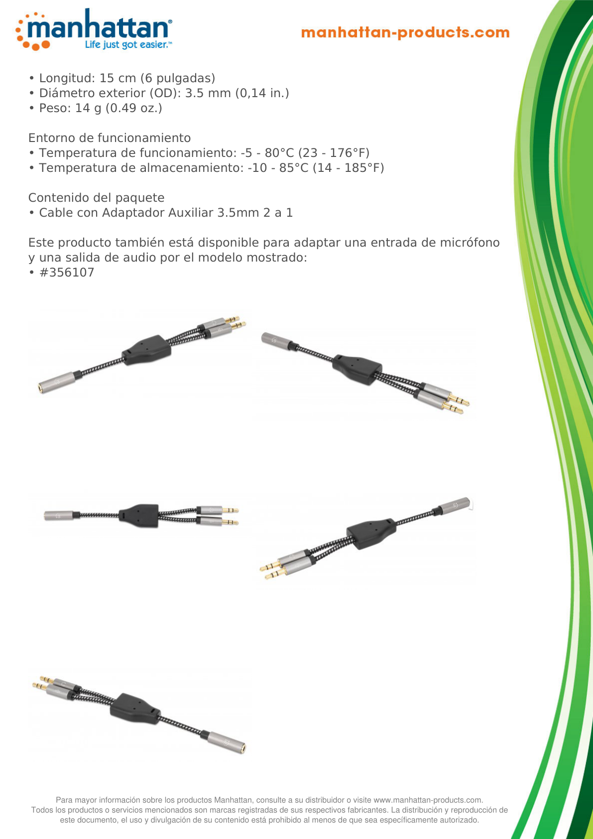 ADAPTADOR MANHATTAN DE AUDIO 3.5MM 1 HEMBRA A 2 MACHO 15CM