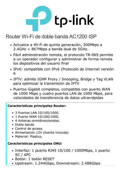 Kit de ONU Gigabit XZ000G3 con Router Router Inalámbrico ISP doble banda AC, Hasta 1167 Mbps, 4 antenas externas omnidireccional, Puertos Gigabit