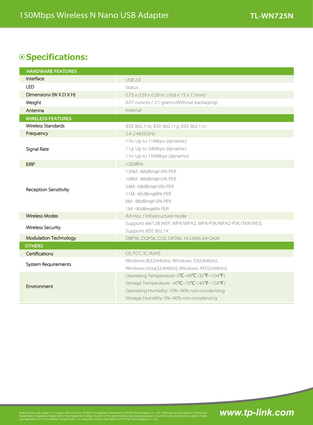 Adaptador inalámbrico TP-Link Nano TL-WN725N USB 2.0 N 150Mbps