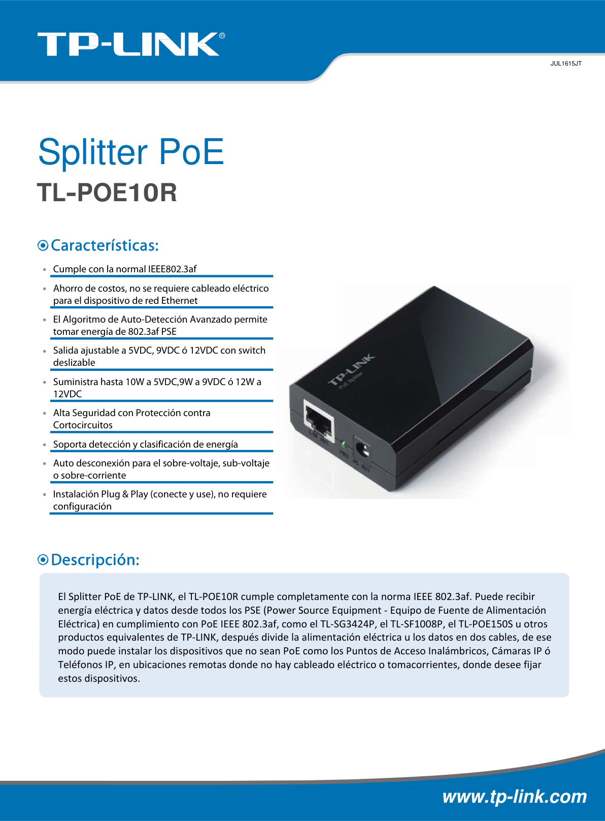 Splitter PoE TP-Link TL-POE10R 2 puertos RJ45 gigabit AUTO Negotiation/AUTO MDI/MDIX IEEE 802.3af plug and play